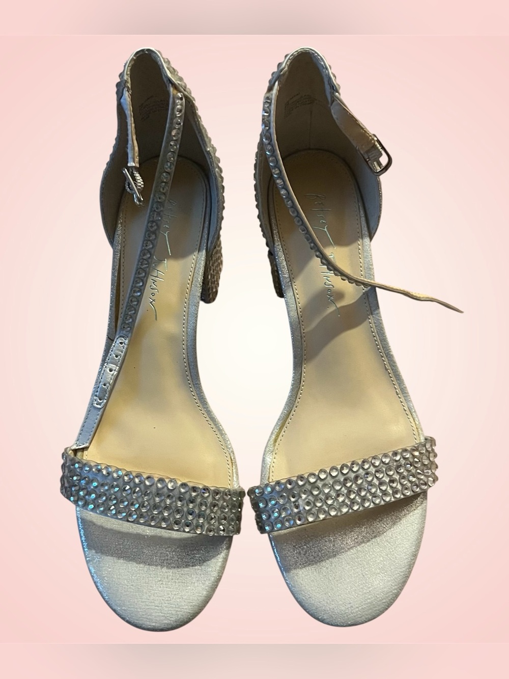 BETSEY JOHNSON Rhinestone Silver Block Sandal Heels with Ankle Strap